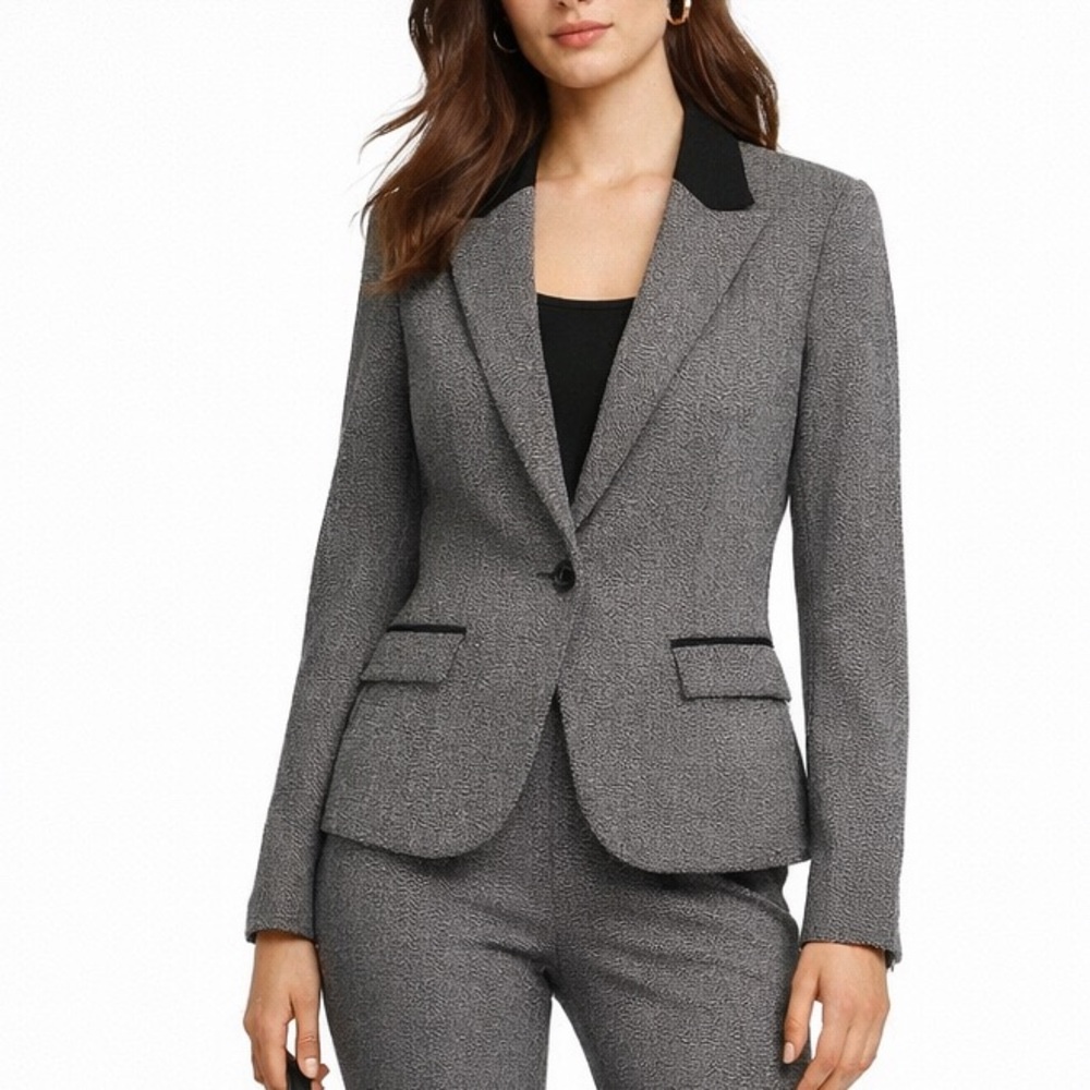 Vintage Express Design Collection Tweed Blazer Black Contrast Collar & Leopard